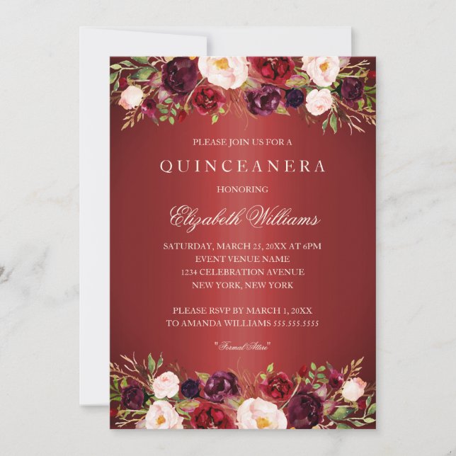Invitación Elegante Rosa rojo de Borgoña Quinceanera Invite (Anverso)