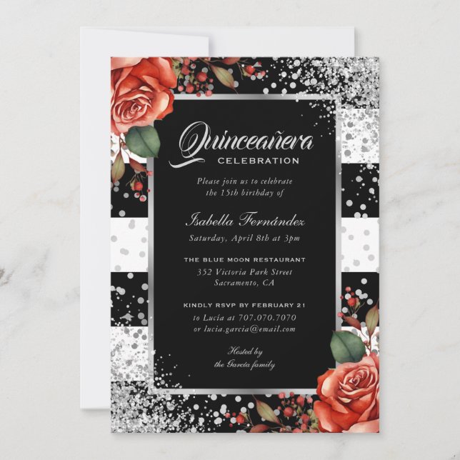 Invitación Elegante Rosa Rojo Negro Confetti Quinceañera (Anverso)