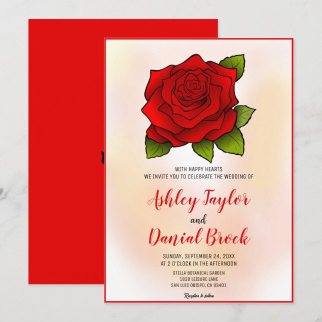 Invitación Elegante Rosa Rojo Romántico Boda Floral de verano (Anverso / Reverso)
