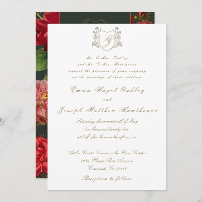 Invitación Elegante rosa rojo sobre Boda clásico de época ver (Anverso / Reverso)
