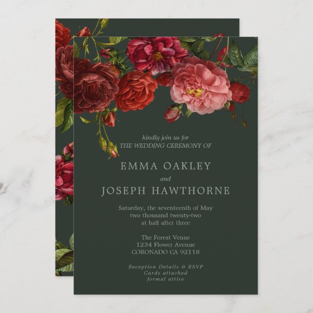 Invitación Elegante rosa rojo sobre Boda clásico de época ver (Anverso / Reverso)