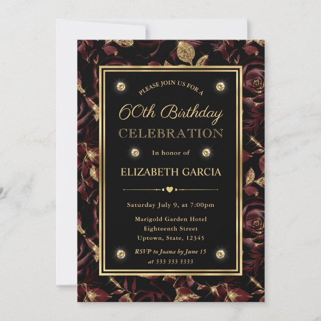 Invitación Elegante Rosa Rojo y Oro Floral 60 cumpleaños (Anverso)