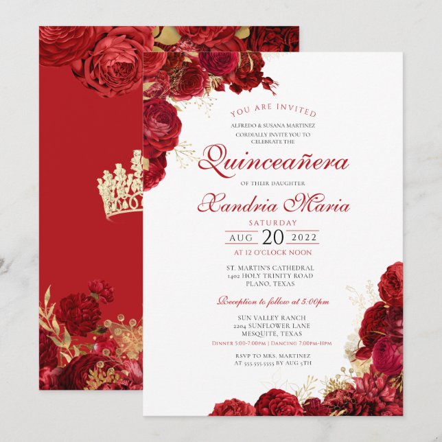 Invitación Elegante Rosa Rojo y Oro Floral Quinceanera (Anverso / Reverso)