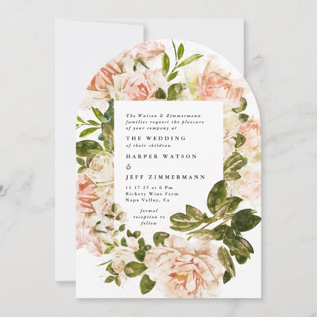 Invitación Elegante Rosa Romance Watercolor Arco Boda (Anverso)
