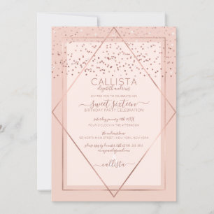 Invitación Elegante Rosa Rosa Dorado Confetti Borde dulce 16