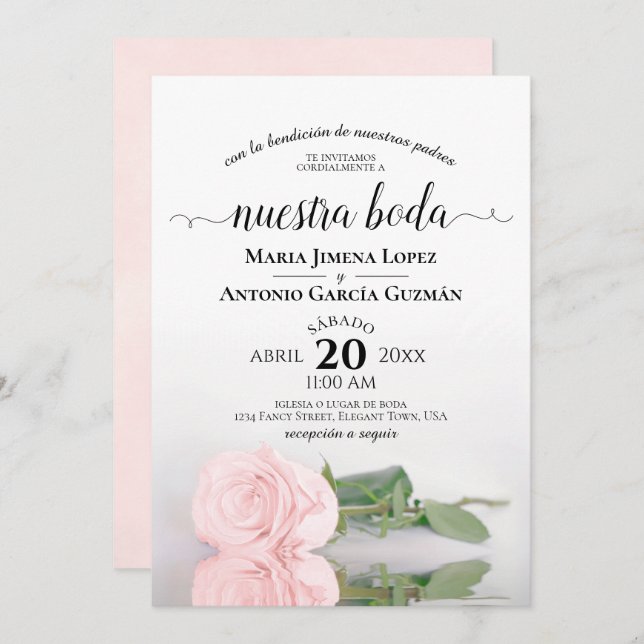 Invitación Elegante Rosa Rosa Español Nuestra Boda Boda (Anverso / Reverso)