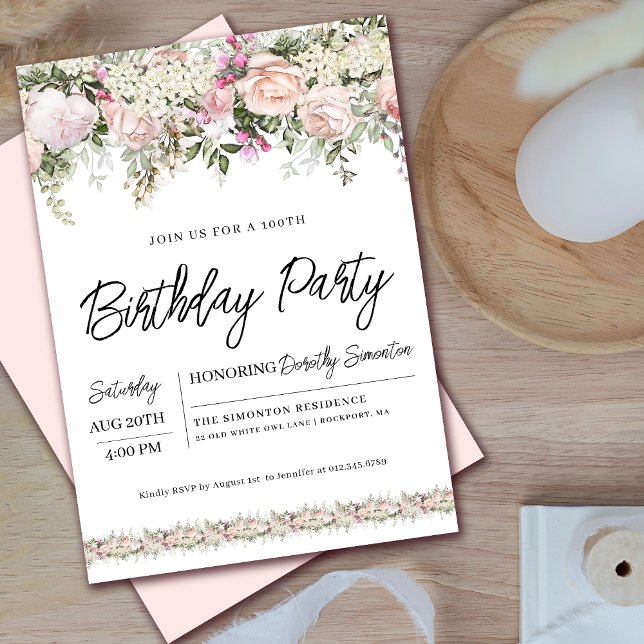Invitación Elegante rosa rosa floral 100 cumpleaños (Matching welcome signs and party supplies available. Message me for help finding them!)