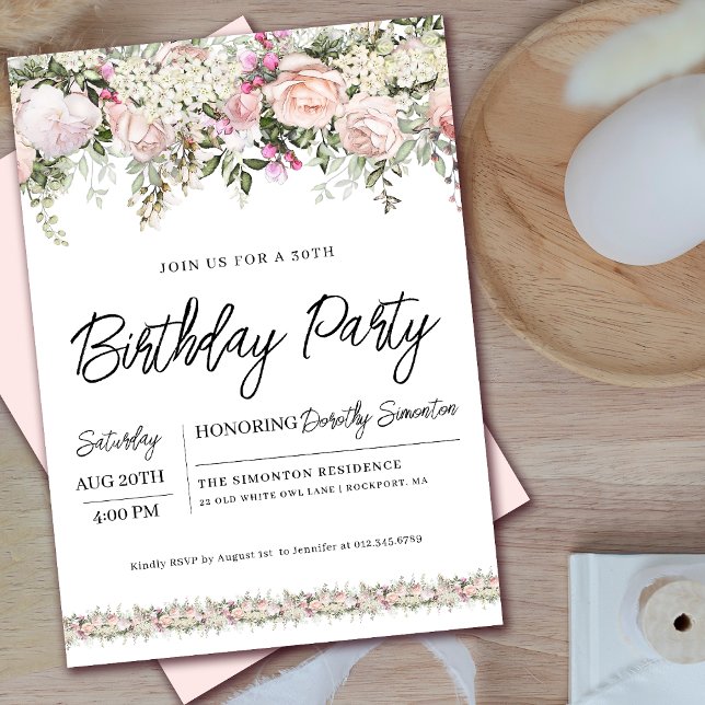 Invitación Elegante rosa rosa floral 30 cumpleaños (Matching welcome signs, other party supplies available. Message me for help finding them!)