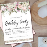 Invitación Elegante rosa rosa floral 50 cumpleaños<br><div class="desc">Honre a una mujer especial con esta elegante y femenina invitación a la fiesta de cumpleaños. Los detalles de la celebración de cumpleaños están rodeados de bordes florales rosados superior y inferior. Los elementos florales están enclavados en hojas de color verde sabio y el texto le da un aire contemporáneo....</div>