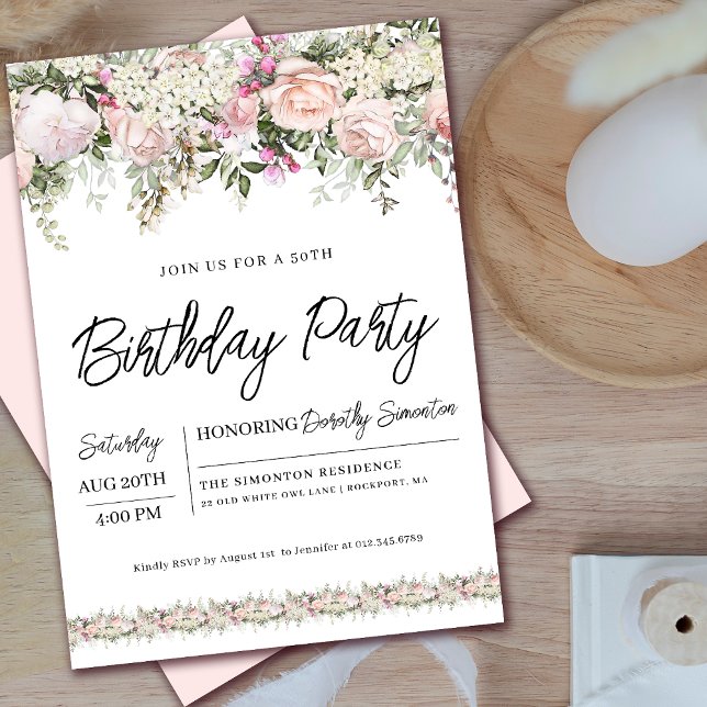 Invitación Elegante rosa rosa floral 50 cumpleaños (Coordinating welcome signs and party supplies available. Message me for help finding them!)