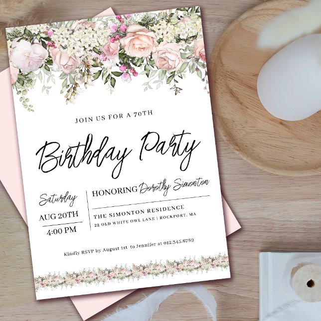 Invitación Elegante rosa rosa floral 70 cumpleaños (Coordinating welcome signs and party supplies available. Message me for help finding them!)