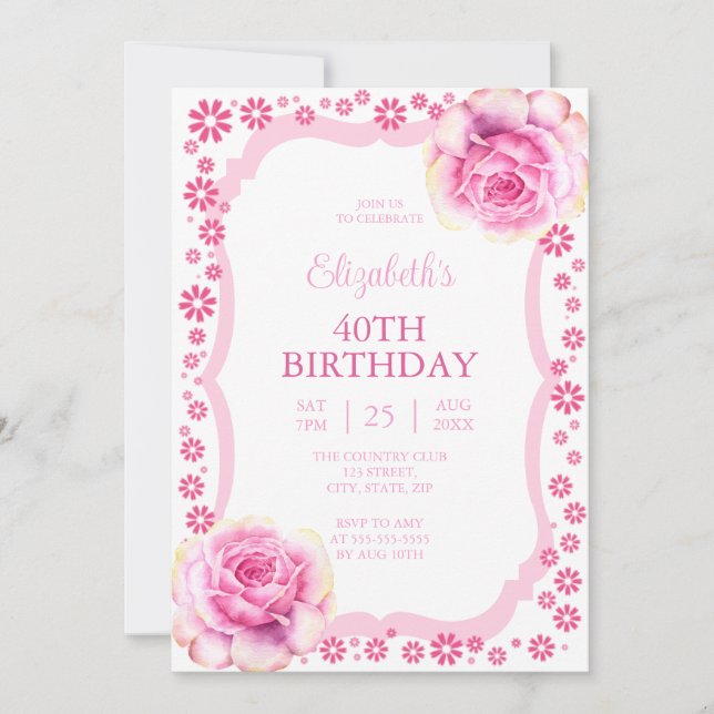 Invitación Elegante rosa rosa floral blanco 40 cumpleaños (Anverso)