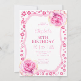 Invitación Elegante rosa rosa floral blanco 40 cumpleaños