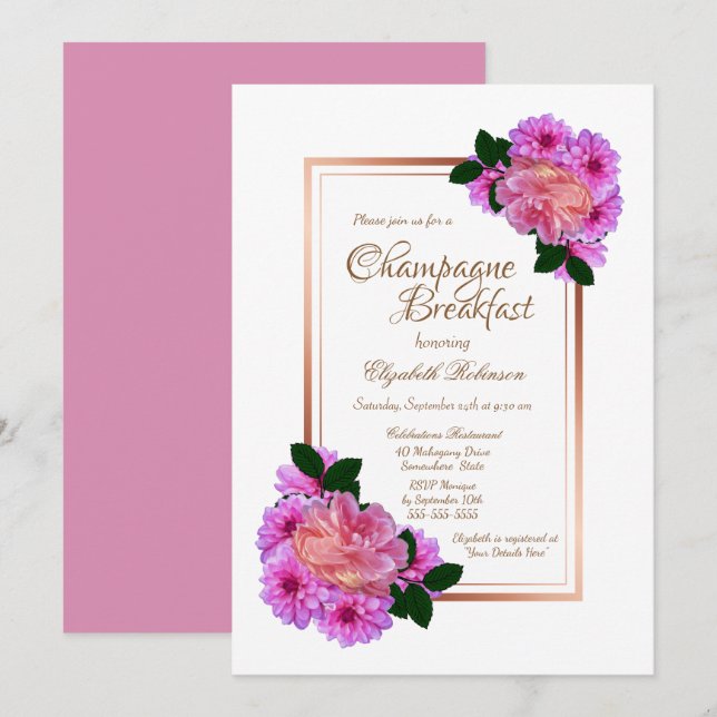 Invitación Elegante Rosa rosa floral Gold Champagne Desayuno (Anverso / Reverso)