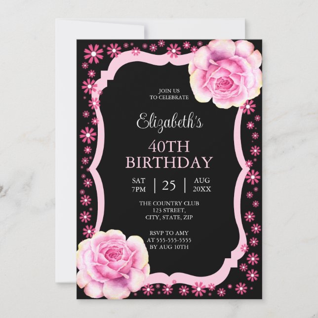 Invitación Elegante rosa rosa floral negro 40 cumpleaños (Anverso)