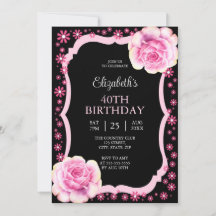 Elegante rosa rosa floral negro 40 cumpleaños