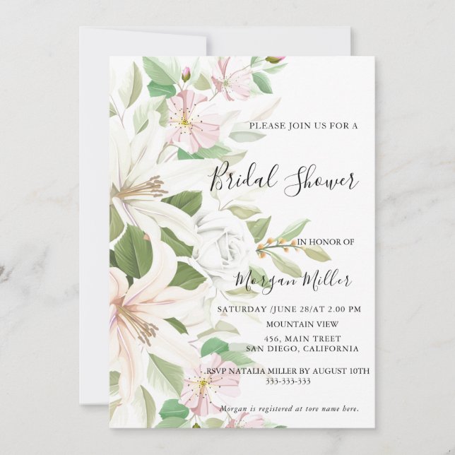 Invitación Elegante Rosa rosa Lili marfil  Floral Bridal Duch (Anverso)