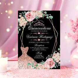Invitación Elegante Rosa Rosa Negro Quinceañera Quince Tiara