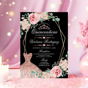 Invitación Elegante Rosa Rosa Negro Quinceañera Quince Tiara