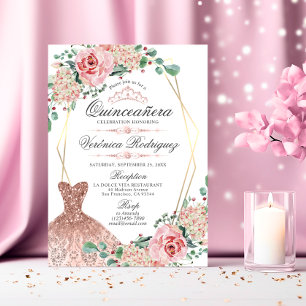 Invitación Elegante Rosa Rosa Quinceañera Quince Crown Tiara