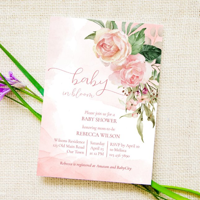 Invitación Elegante rosa rosa rubor bebé en una ducha de bebé (Subido por el creador)