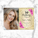 Invitación Elegante rosa rosado dorado foto 50 cumpleaños<br><div class="desc">Elegante invitación de 50 años floral femenina con tu foto. Diseño de vidrio con oro falso purpurina. Presenta rayas, rosas rosas rosas rosas, fuente de guión y confeti. Perfecto para un elegante fiesta de celebración de cumpleaños. Personaliza con tus propios detalles. ¡Se puede personalizar para cualquier edad! Invitaciones Zazzle impresas...</div>