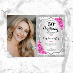 Invitación Elegante rosa rosado plateado foto 50 cumpleaños<br><div class="desc">Elegante invitación de 50 años floral femenina con tu foto. Diseño de vidrio con falsa plata purpurina. Presenta rayas, rosas rosas rosas rosas, fuente de guión y confeti. Perfecto para un elegante fiesta de celebración de cumpleaños. Personaliza con tus propios detalles. ¡Se puede personalizar para cualquier edad! Invitaciones Zazzle impresas...</div>