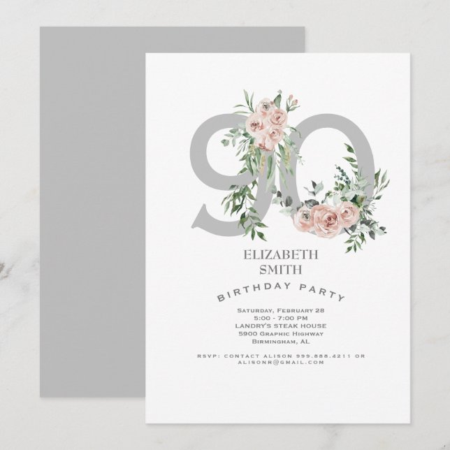 Invitación Elegante rosa rosado plateado y blanco 90ª invitac (Anverso / Reverso)