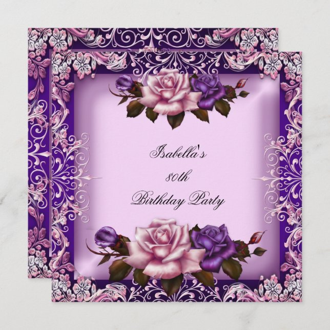 Invitación Elegante Rosa rosado púrpura de Lilac 80º cumpleañ (Anverso / Reverso)