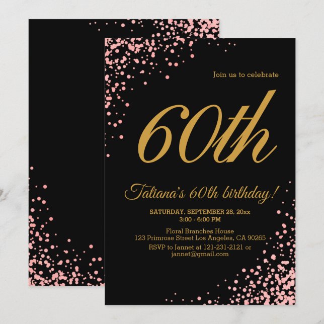 Invitación Elegante Rosa rosado y negro Purpurina de oro Cump (Anverso / Reverso)