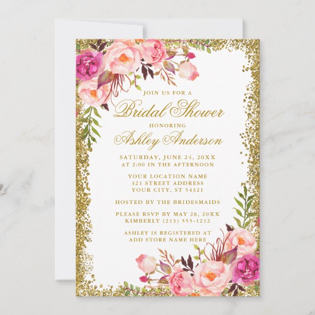 Invitación Elegante rosa Rosas Bridal Shower Gold Purpurina (Anverso)