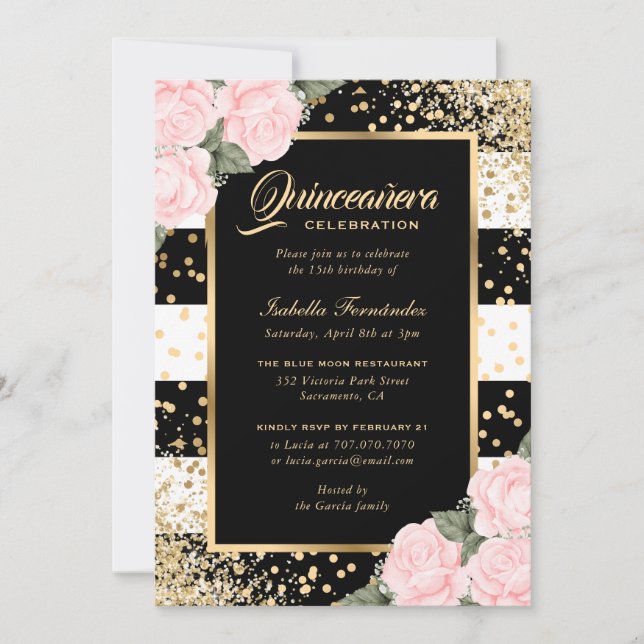 Invitación Elegante rosa rosas negras Confetti de oro Quincea (Anverso)