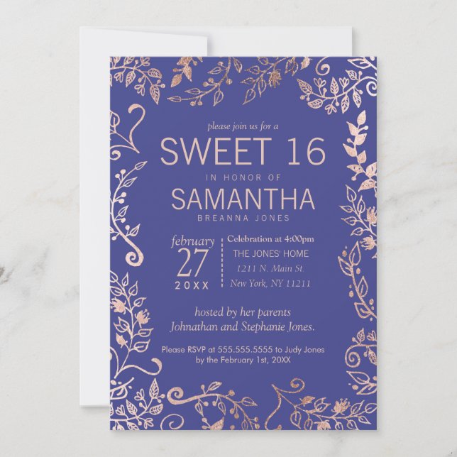 Invitación Elegante Rosa Roya Azul Dorado Floral Dulce 16 Inv (Anverso)