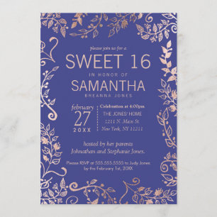 Invitación Elegante Rosa Roya Azul Dorado Floral Dulce 16 Inv