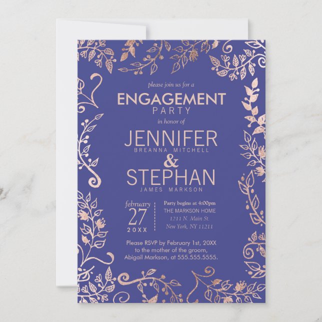Invitación Elegante Rosa Royal Blue Gold Floral Engagement (Anverso)