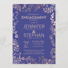 Invitación Elegante Rosa Royal Blue Gold Floral Engagement