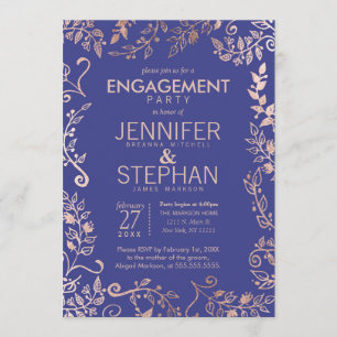 Invitación Elegante Rosa Royal Blue Gold Floral Engagement