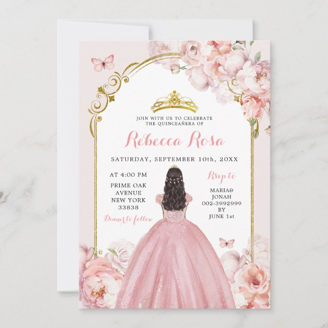 Invitación Elegante Rosa Royal Gold Dusty Princesa Quinceañer (Anverso)