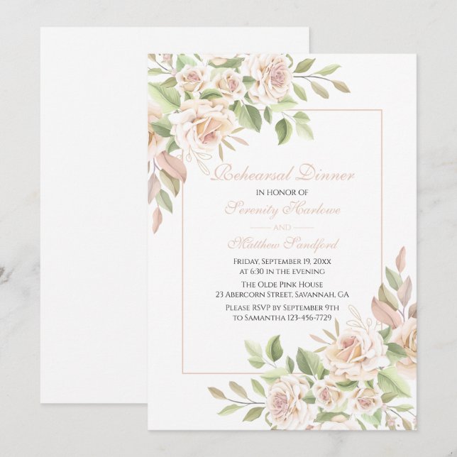 Invitación Elegante Rosa Rubor Ensayo de flores rosadas Cena (Anverso / Reverso)