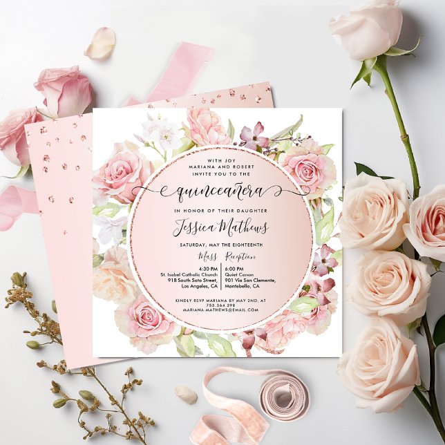 Invitación Elegante rosa, Rubor, floral Rosa de oro Quinceane (Subido por el creador)