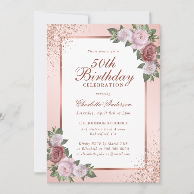 Invitación Elegante Rosa Rubor Gold Floral 50 cumpleaños (Anverso)