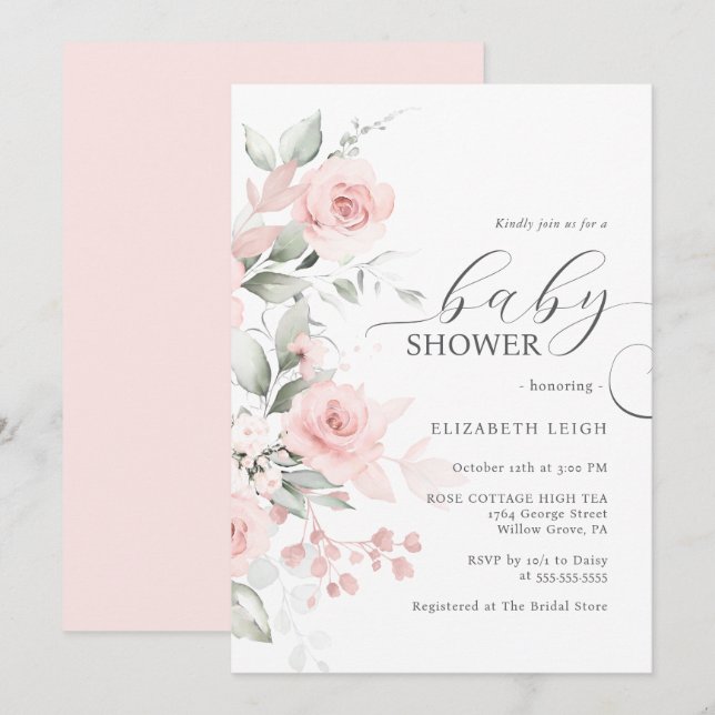 Invitación Elegante Rosa Rubor Pink Baby Shower (Anverso / Reverso)