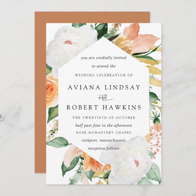 Invitación Elegante Rosa rústico de otoño Peony Floral Boda (Anverso / Reverso)