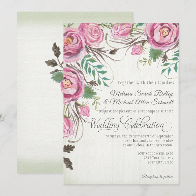 Invitación Elegante Rosa salvaje floral verano Boda de sabio (Anverso / Reverso)