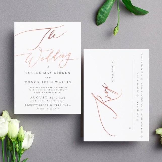 Invitación Elegante Rosa simple oro con Rsvp en Boda trasero (Subido por el creador)