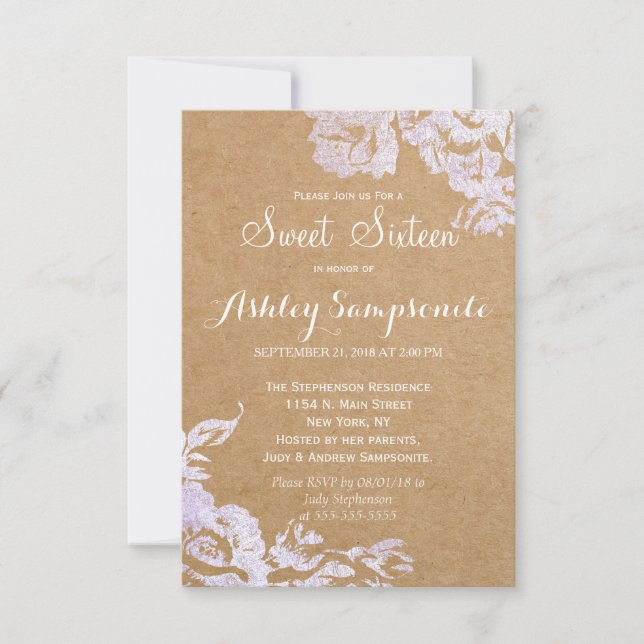 Invitación Elegante Rosa simple y moderno Floral Faux Silver (Anverso)