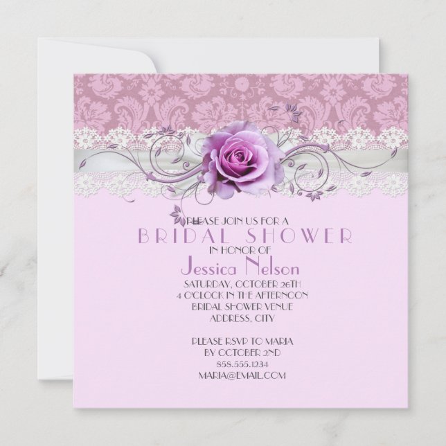 Invitación Elegante Rosa Swirls Ribbon Damask Bridal Shower (Anverso)