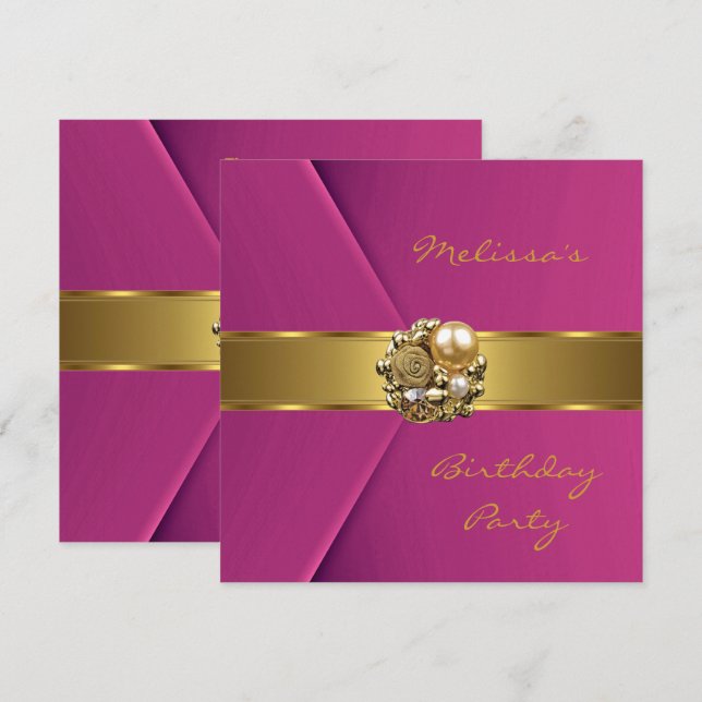 Invitación Elegante rosa terciopelo falso joya dorada (Anverso / Reverso)