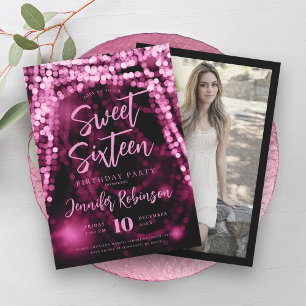 Invitación Elegante Rosa Tinta dorada Luces Foto Dulce 16
