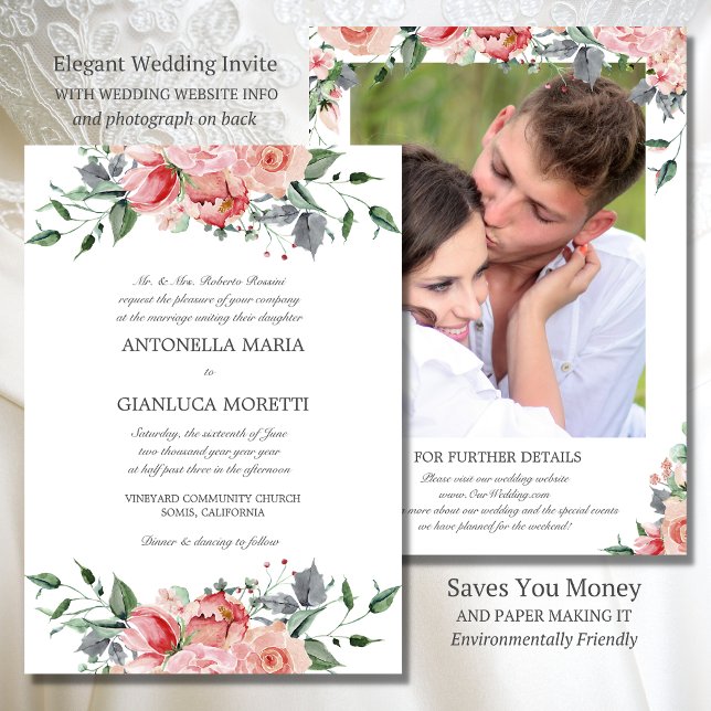 Invitación Elegante rosa todo en una boda con RSVP (Pink floral wedding invite with wedding website information and photo on back)